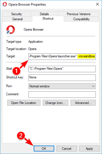 Opera not working on Windows 10 add no sandbox command to Opera shortcut