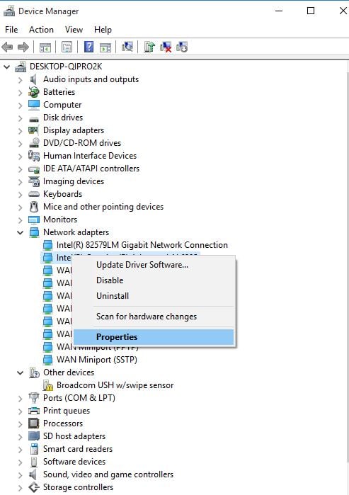 wi-fi network adapter properties