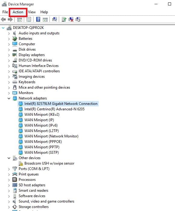 action menu device manager HP laptop is not connecting to Wi-Fi in Windows 10