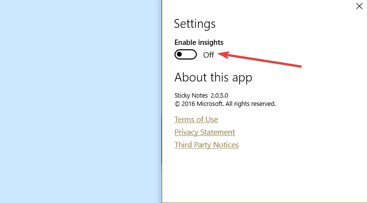 disable insights sticky notes