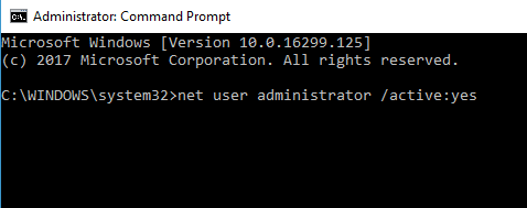 Enable administrator account Windows 10 without admin rights