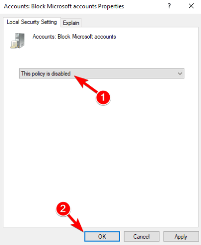 disable policy Windows 10 can't sign into your account