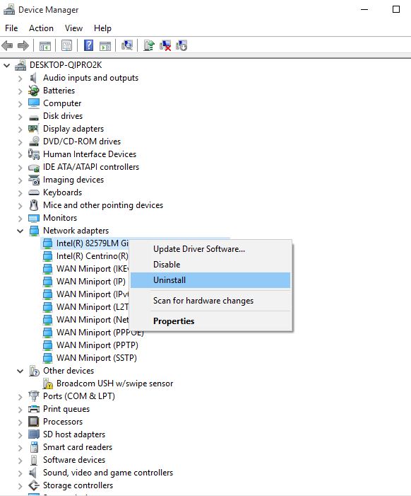 uninstall driver device manager HP laptop is not connecting to Wi-Fi in Windows 10