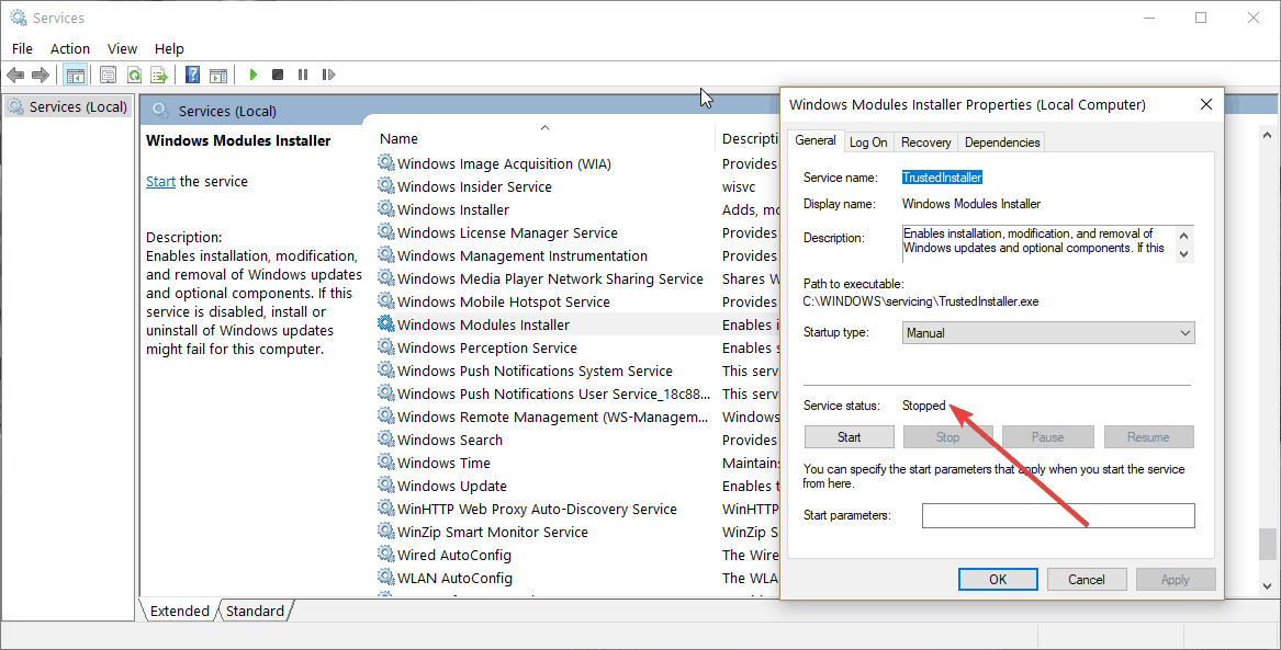 windows module installer stopped