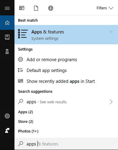 access apps and features windows 10