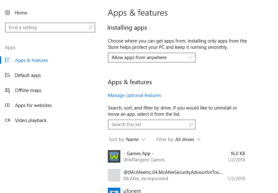 apps and features settings windows 10