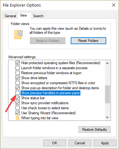 disable preview handlers windows 10