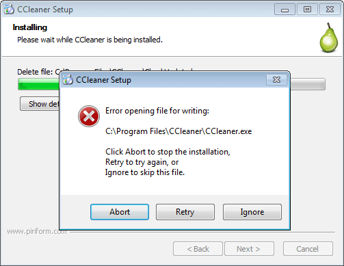 ccleaner error opening file for writing
