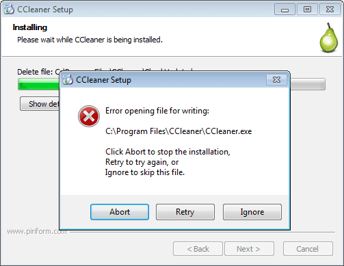 error opening file for writing ccleaner