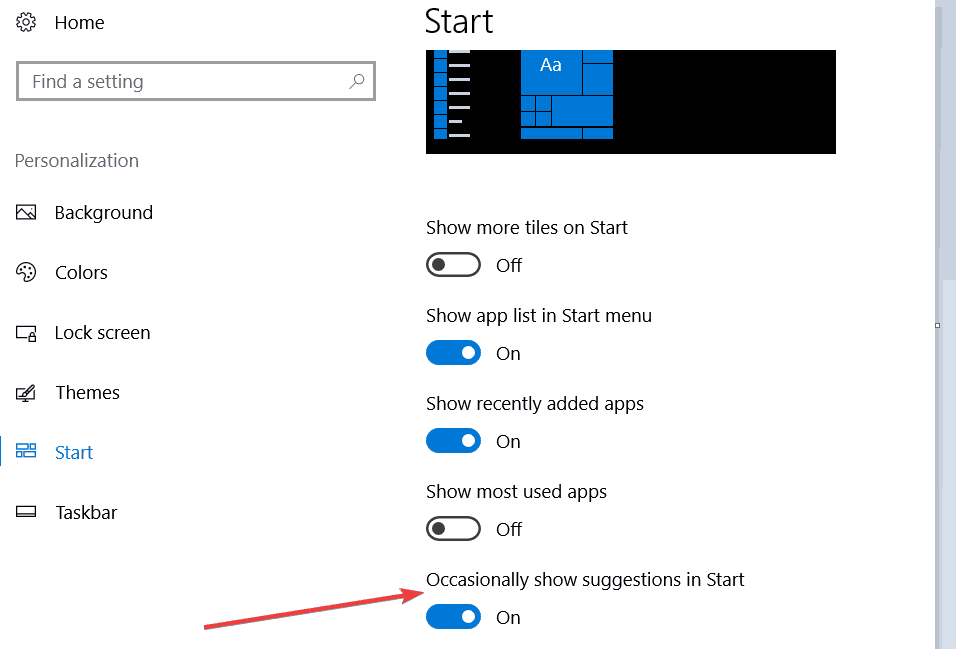 disable suggestions windows 10 start