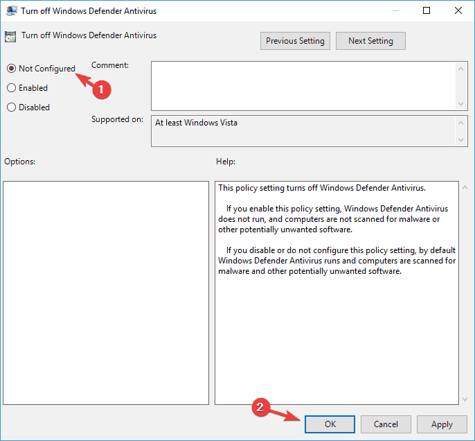 Windows Defender is turned off by group policy