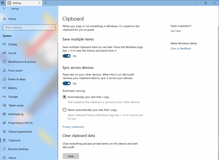 Windows 10 Redstone 5 cloud Clipboard