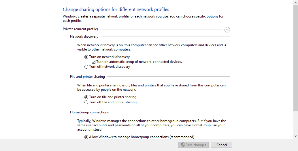 cannot turn off network discovery windows 10