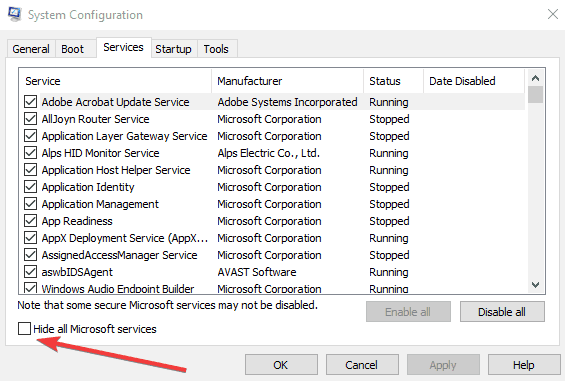 nascondi tutti i servizi microsoft 100% utilizzo del disco Windows 10