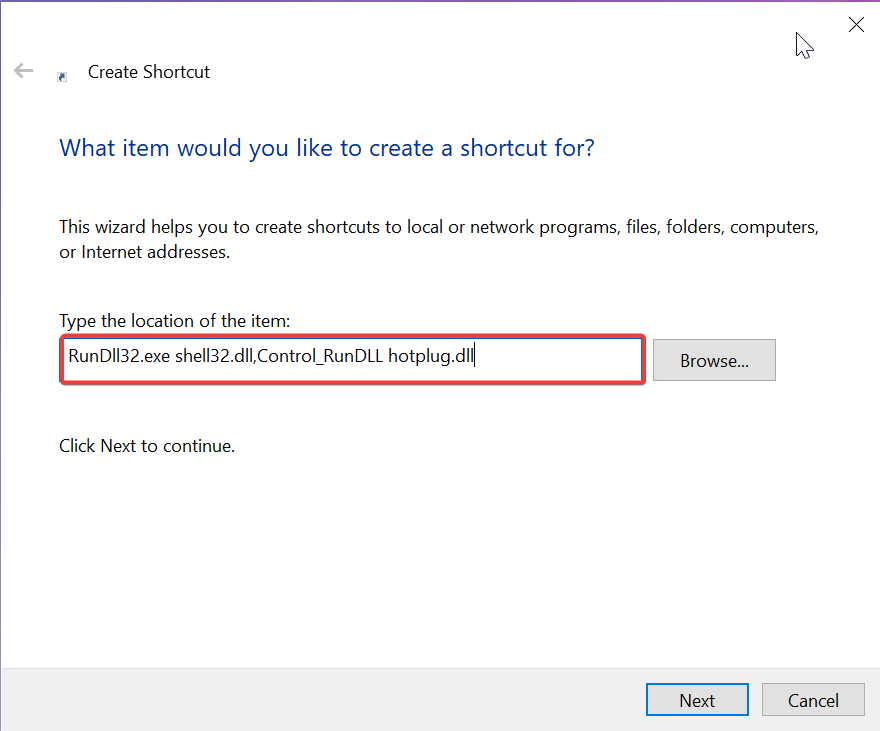 set shortcut location to eject usb in windows 10