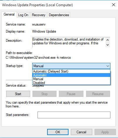 check status for Windows Update Service