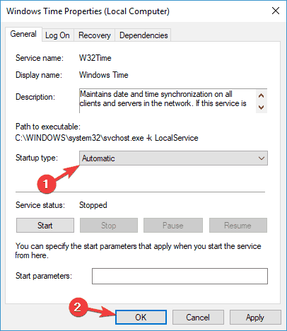 Windows Time service not starting error 1290