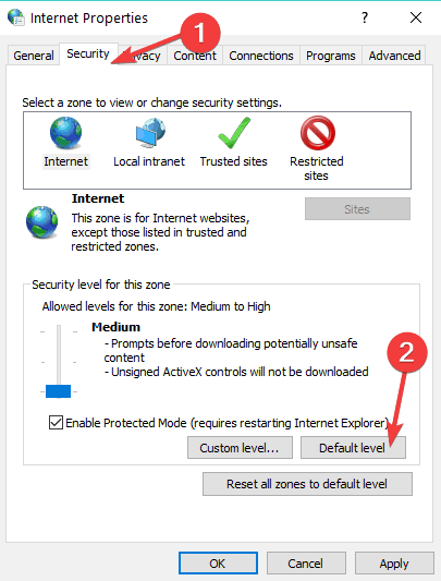 default internet settings set