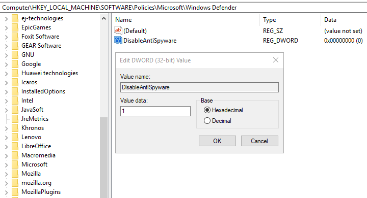 Double-click on the DisableAntiSpyware DWORD and type 1 as the value