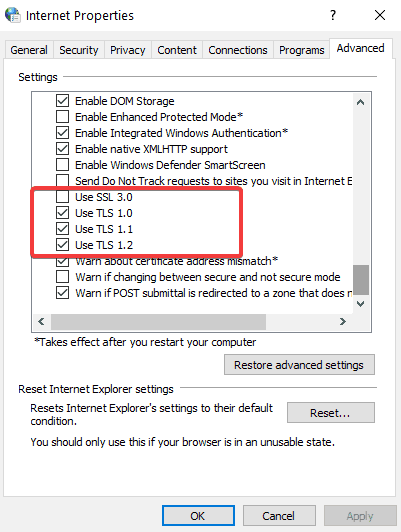 enable SSL TLS windows 10 internet settings