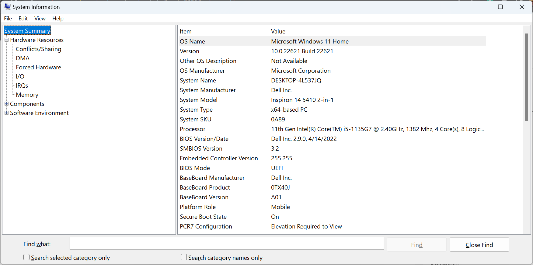 system summary to check PC specs in Windows 10