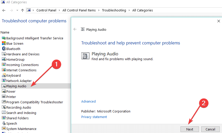 playing audio troubleshooter control panel windows 10