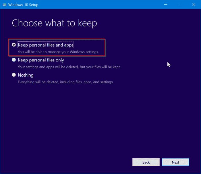 Reset Windows 10 - Keep personal files and apps