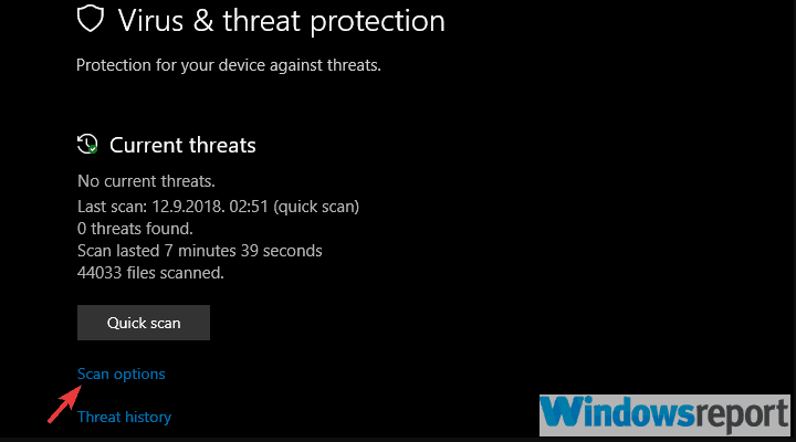 virus & threat protection - scan options