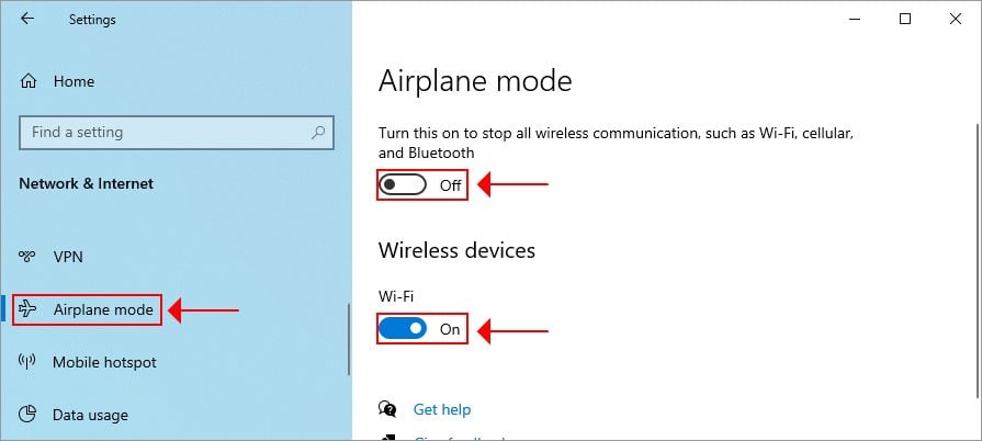 disable airplane mode on Windows 10