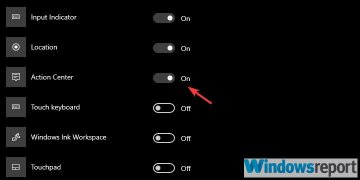 windows 10 action center icon missing