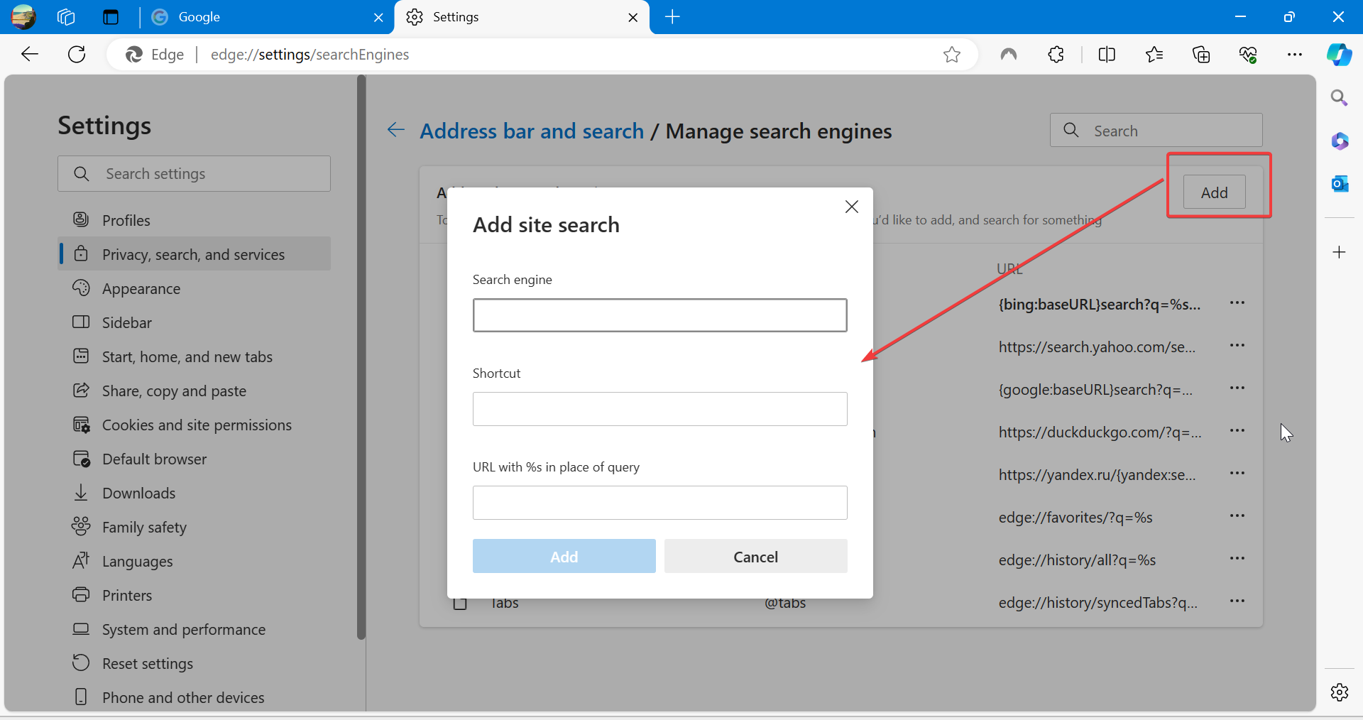 add search engine in edge