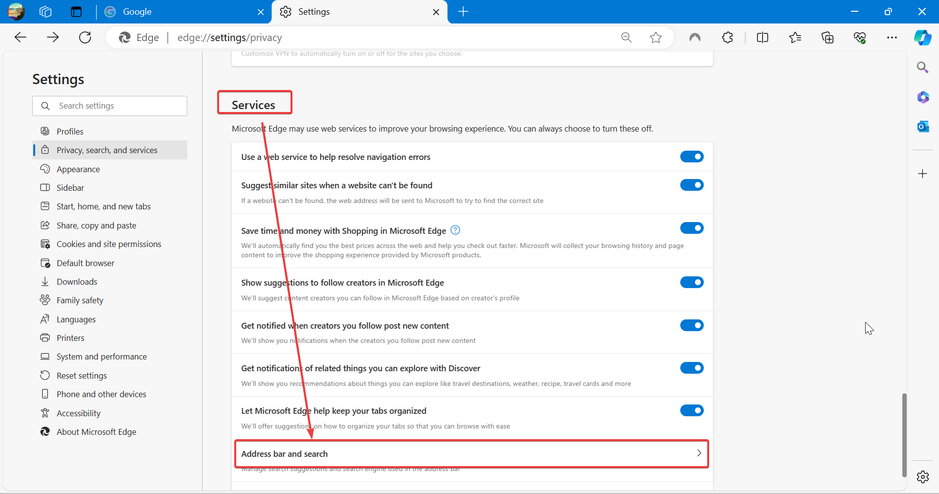 address bar and search settings in edge
