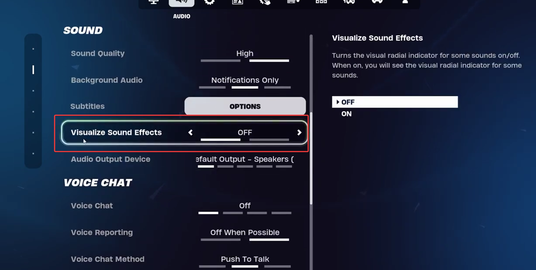 fortnite visualize and sound effects settings
