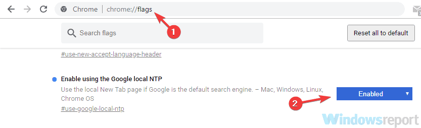 Chrome://flags Enable using the Google local NTP