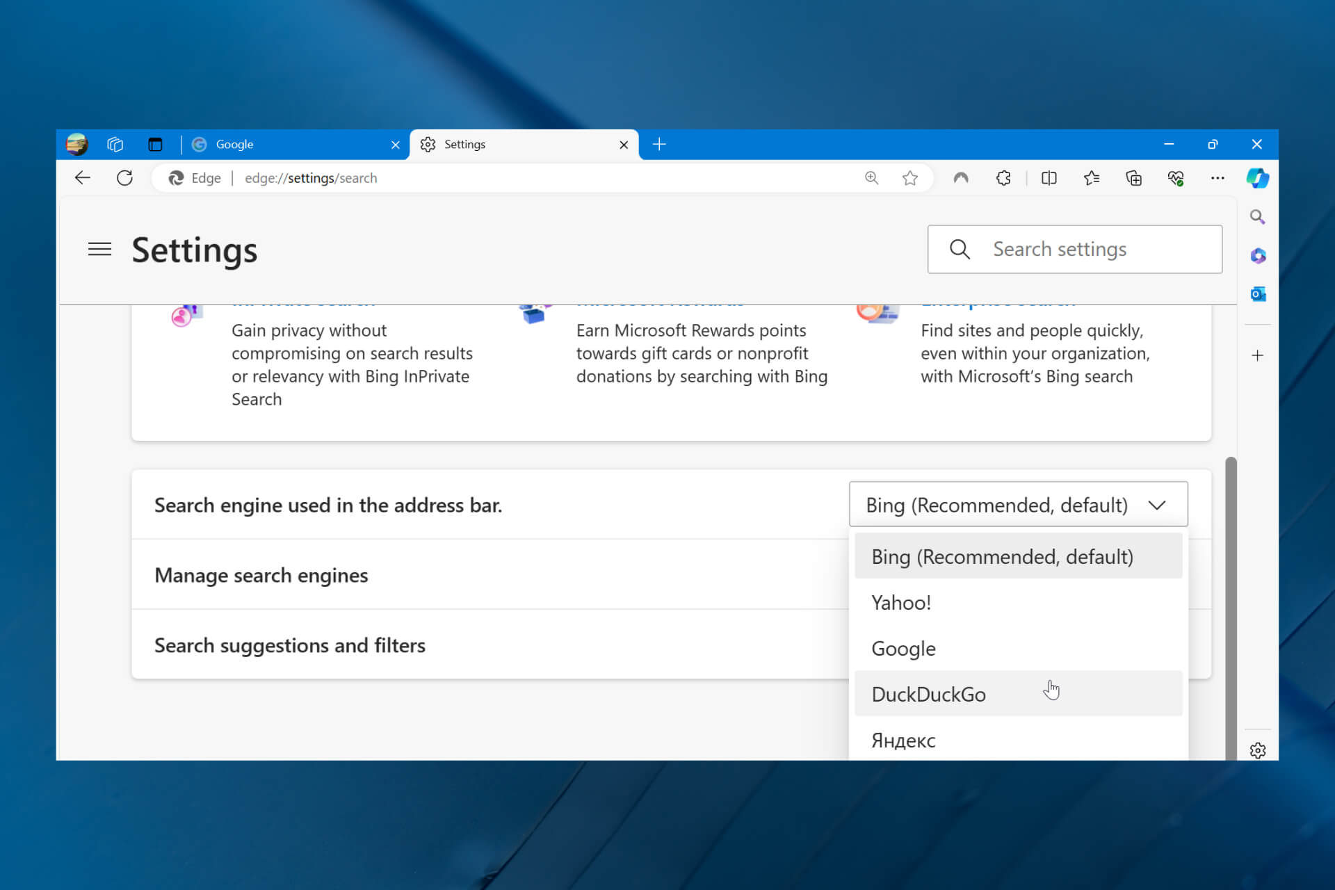 how to change default search engine in edge