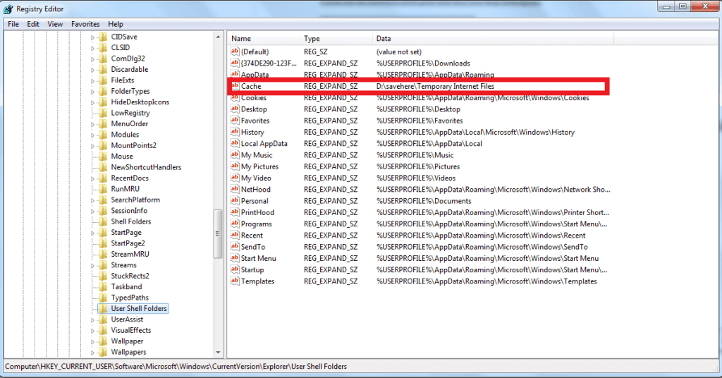 registry editor cache temporary internet files location has changed why