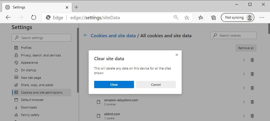clear site data in Microsoft Edge