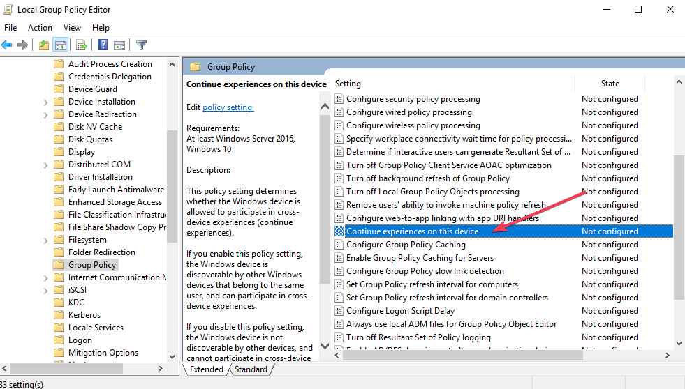 group policy continue experiences on device