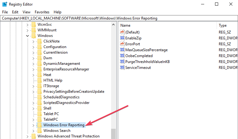 windows error reporting registry editor