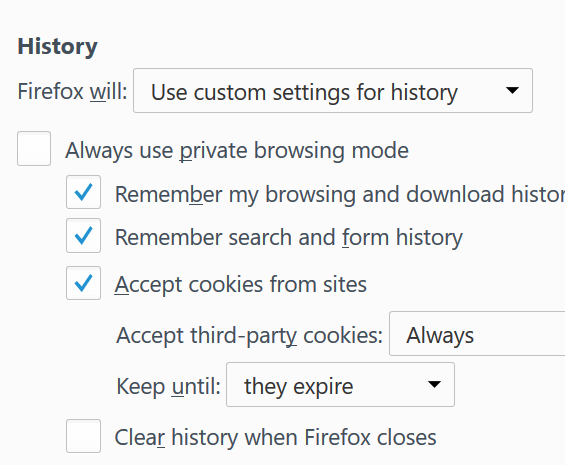 custom settings history firefox