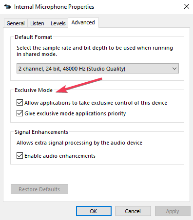 exclusive mode microphone settings
