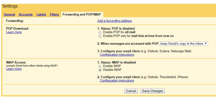 Opzione Abilita IMAP di Gmail
