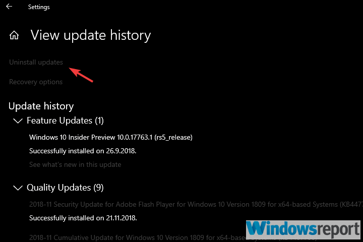 windows update settings uninstall updates