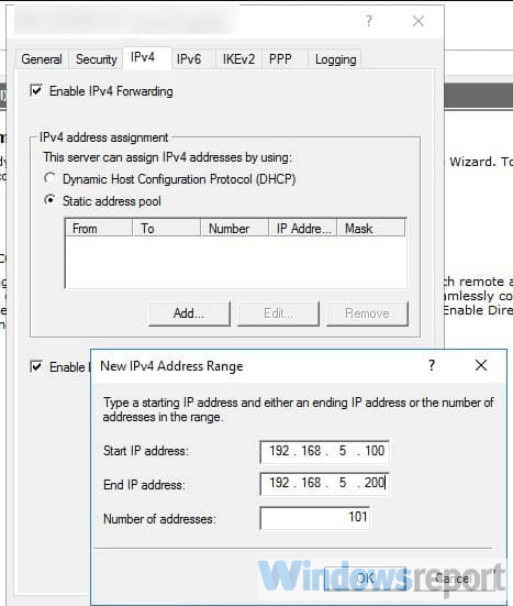 Static address pool vpn on windows server 2019