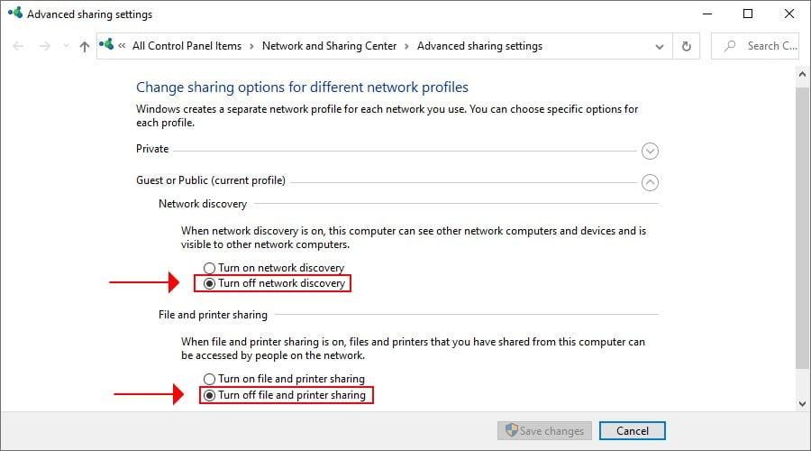 how to turn off network discovery, file and printer sharing