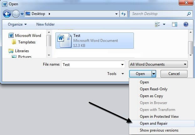 built-in Word recovery options