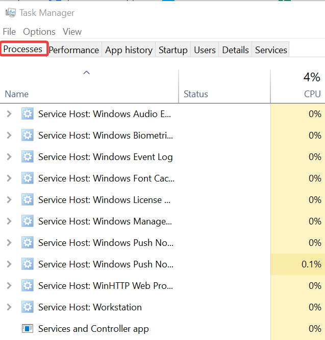 navigate to the processes tab in task manager