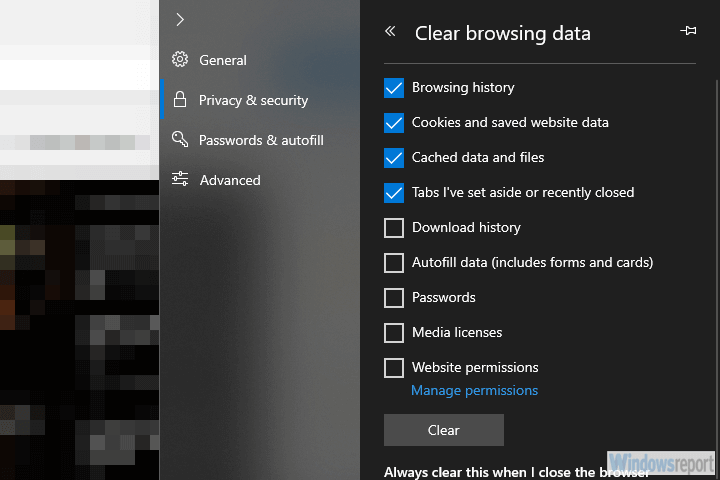 clear cache in Edge