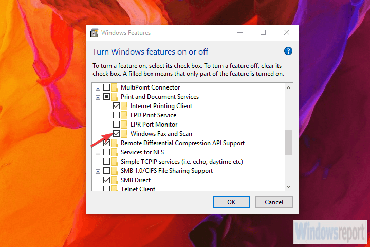 windows features windows fax and scan