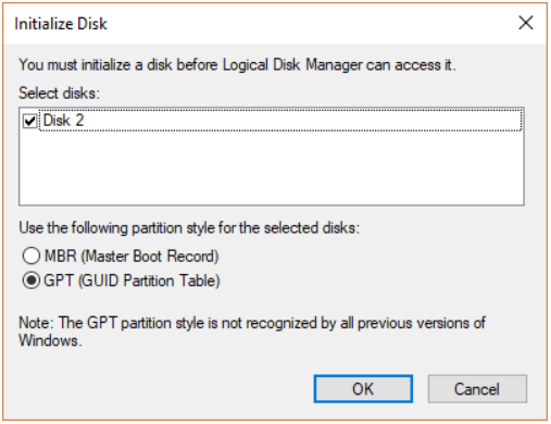 cannot initalize disk